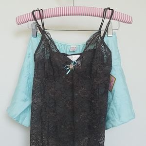 Brown lace cami/VS aqua silk pj shorts